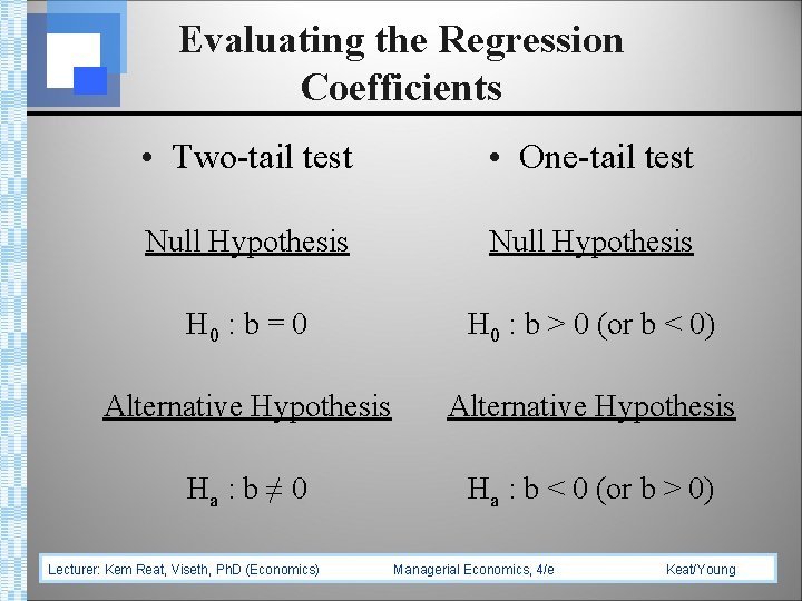 Evaluating the Regression Coefficients • Two-tail test • One-tail test Null Hypothesis H 0