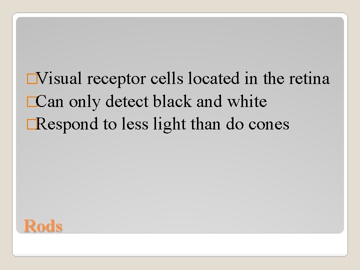 �Visual receptor cells located in the retina �Can only detect black and white �Respond