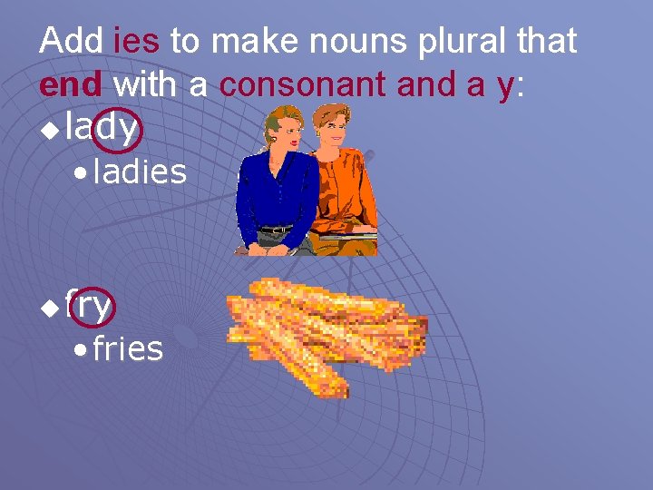 Add ies to make nouns plural that end with a consonant and a y: