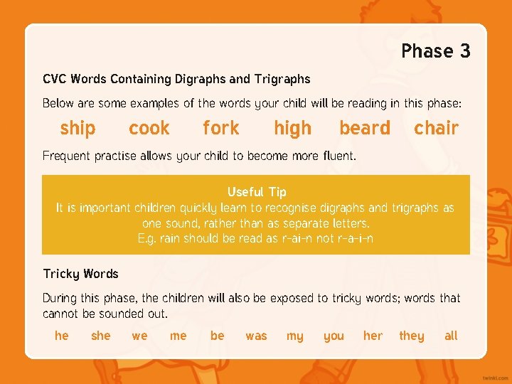 Phase 3 CVC Words Containing Digraphs and Trigraphs Below are some examples of the Phase 3 CVC Words Containing Digraphs and Trigraphs Below are some examples of the