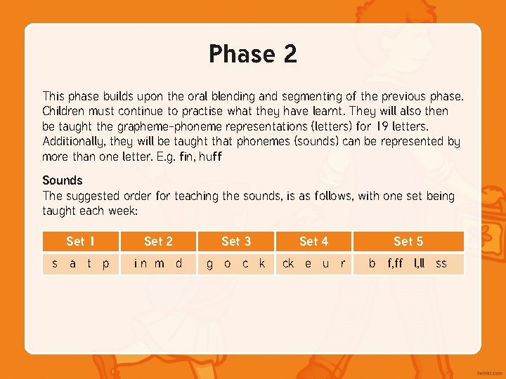 Phase 2 This phase builds upon the oral blending and segmenting of the previous Phase 2 This phase builds upon the oral blending and segmenting of the previous