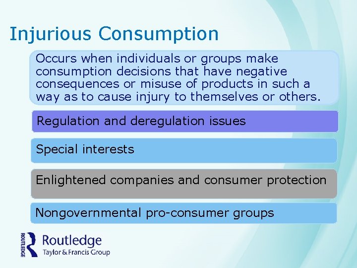 Injurious Consumption Occurs when individuals or groups make consumption decisions that have negative consequences