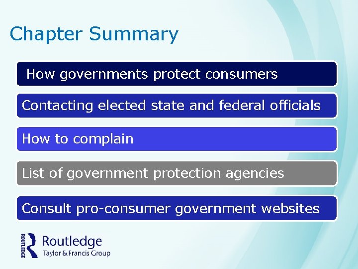 Chapter Summary How governments protect consumers Contacting elected state and federal officials How to