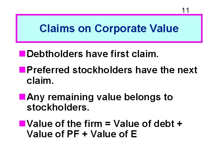 11 Claims on Corporate Value n Debtholders have first claim. n Preferred stockholders have