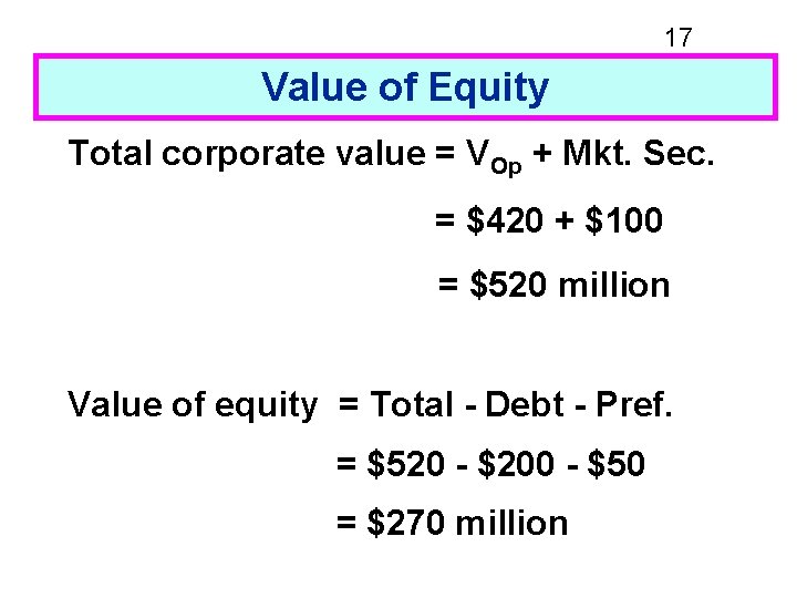 17 Value of Equity Total corporate value = VOp + Mkt. Sec. = $420