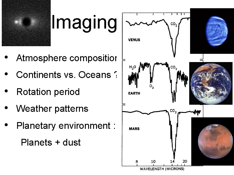 Imaging • • • Orbit Atmosphere composition Continents vs. Oceans ? Rotation period Weather