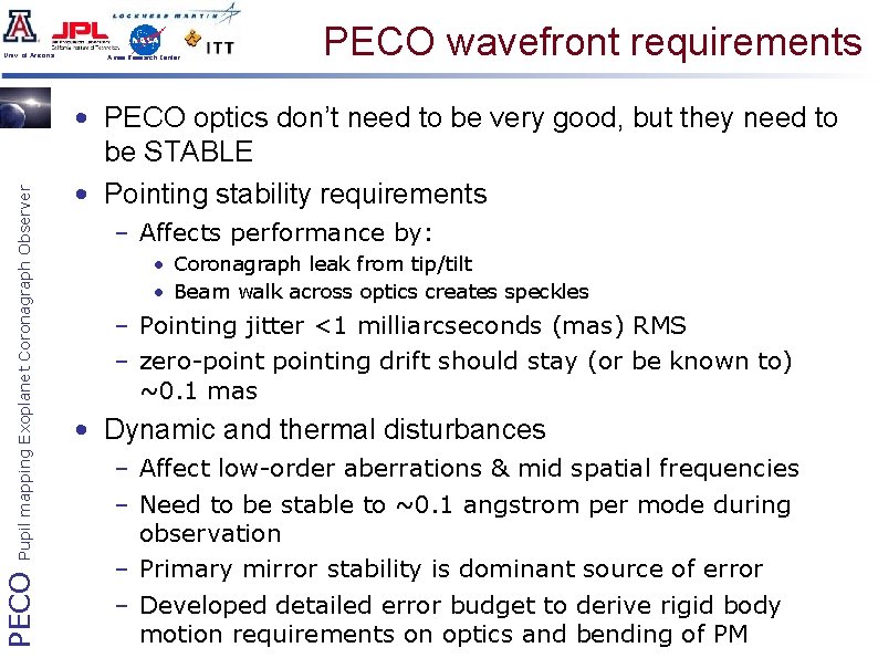 PECO Pupil mapping Exoplanet Coronagraph Observer Univ. of Arizona Ames Research Center PECO wavefront
