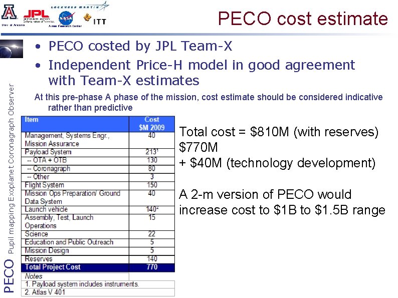 PECO Pupil mapping Exoplanet Coronagraph Observer Univ. of Arizona Ames Research Center PECO cost