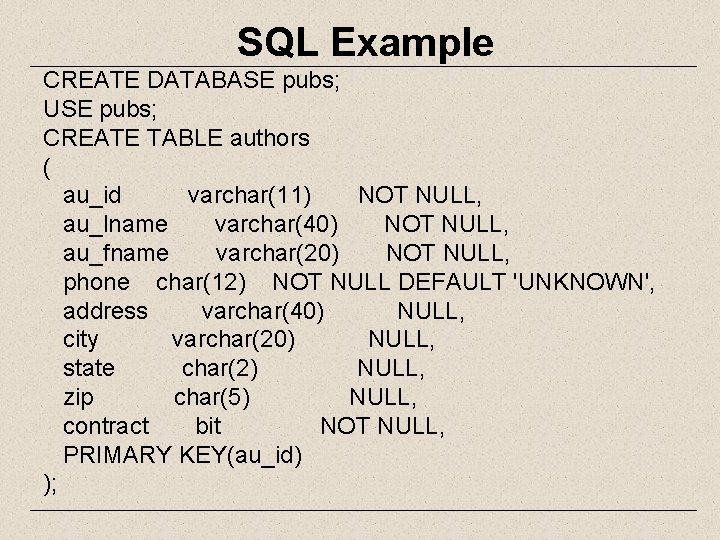 SQL Example CREATE DATABASE pubs; USE pubs; CREATE TABLE authors ( au_id varchar(11) NOT