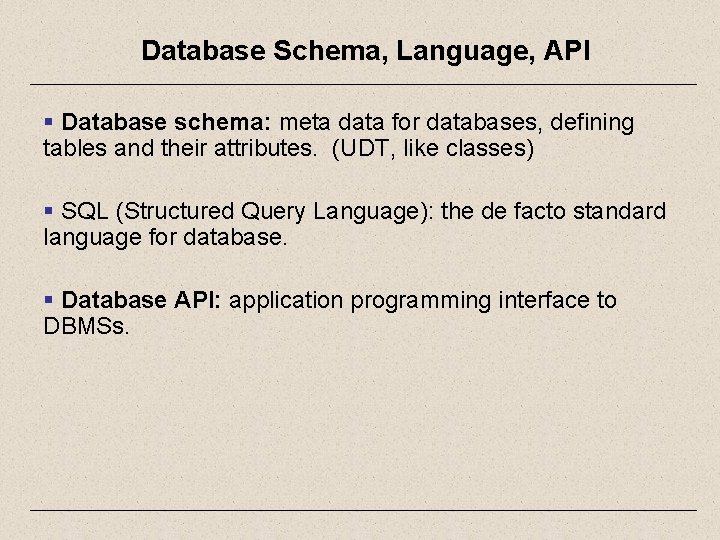 Database Schema, Language, API § Database schema: meta data for databases, defining tables and