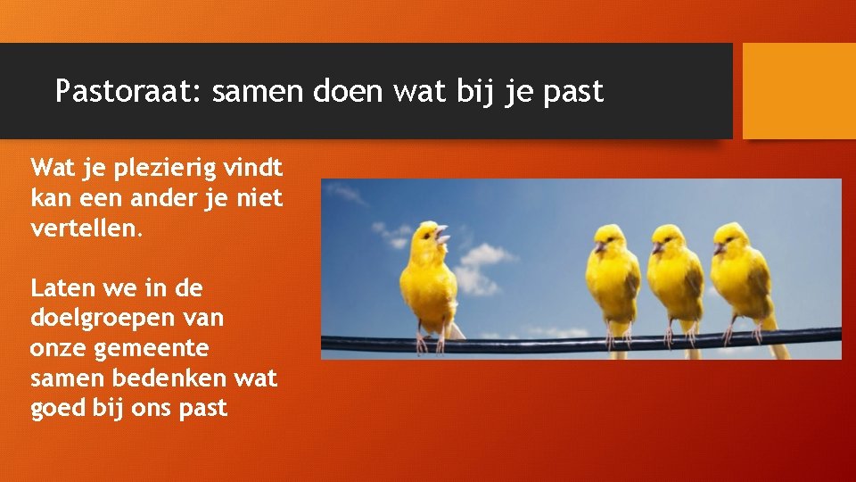 Pastoraat: samen doen wat bij je past Wat je plezierig vindt kan een ander