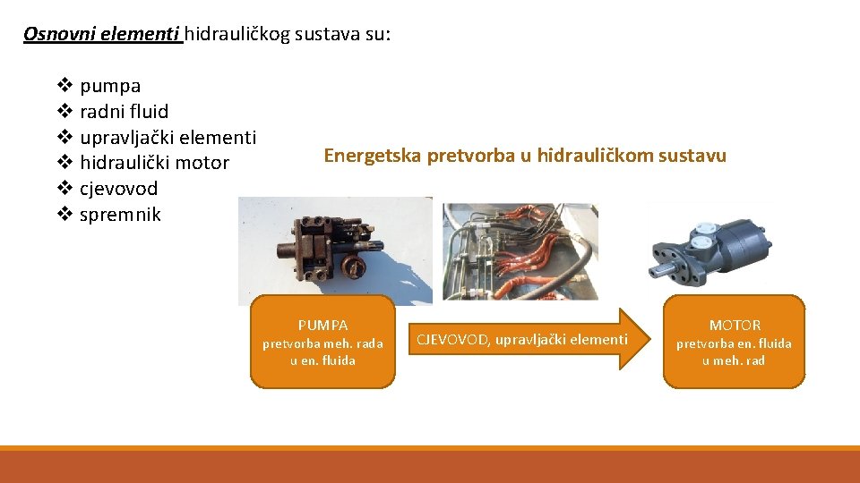 Osnovni elementi hidrauličkog sustava su: v pumpa v radni fluid v upravljački elementi v