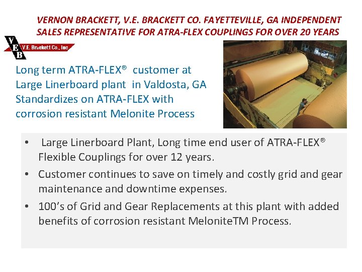 VERNON BRACKETT, V. E. BRACKETT CO. FAYETTEVILLE, GA INDEPENDENT SALES REPRESENTATIVE FOR ATRA-FLEX COUPLINGS