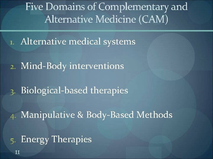 Five Domains of Complementary and Alternative Medicine (CAM) 1. Alternative medical systems 2. Mind-Body Five Domains of Complementary and Alternative Medicine (CAM) 1. Alternative medical systems 2. Mind-Body