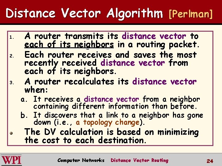 Distance Vector Algorithm 1. 2. 3. [Perlman] A router transmits distance vector to each