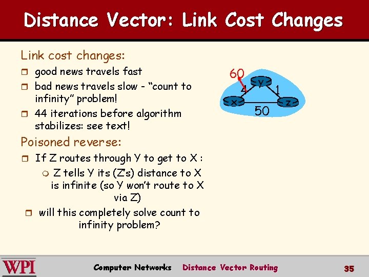 Distance Vector: Link Cost Changes Link cost changes: r good news travels fast r