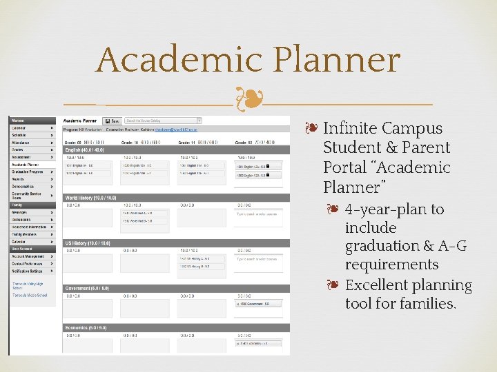 Academic Planner ❧ ❧ Infinite Campus Student & Parent Portal “Academic Planner” ❧ 4