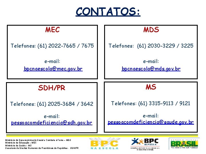 CONTATOS: MEC MDS Telefones: (61) 2022 -7665 / 7675 Telefones: (61) 2030 -3229 /