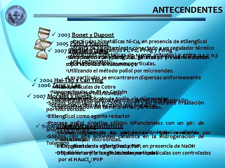 ANTECENDENTES ü 2003 Bonet y Dupont • Partículas bimetálicas Ni-Cu, en presencia de etilenglicol