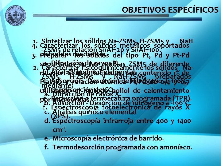 OBJETIVOS ESPECÍFICOS 1. Sintetizar los sólidos Na-ZSM 5, H-ZSM 5 y Na. H 4.