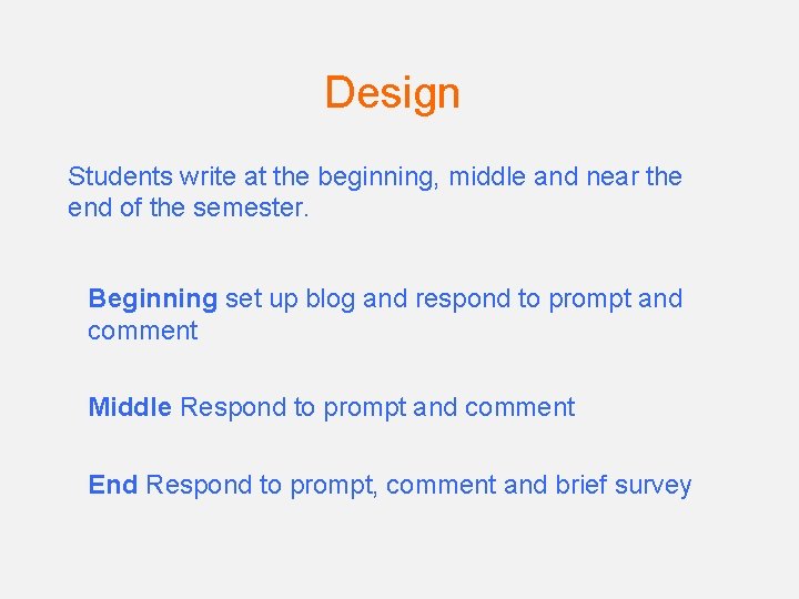 Design Students write at the beginning, middle and near the end of the semester.