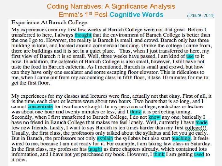 Coding Narratives: A Significance Analysis Emma’s 1 st Post Cognitive Words (Daiute, 2014) 