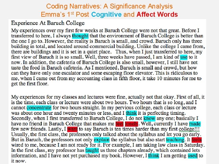 Coding Narratives: A Significance Analysis Emma’s 1 st Post Cognitive and Affect Words 