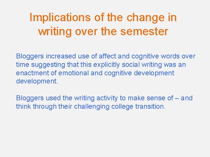 Implications of the change in writing over the semester Bloggers increased use of affect