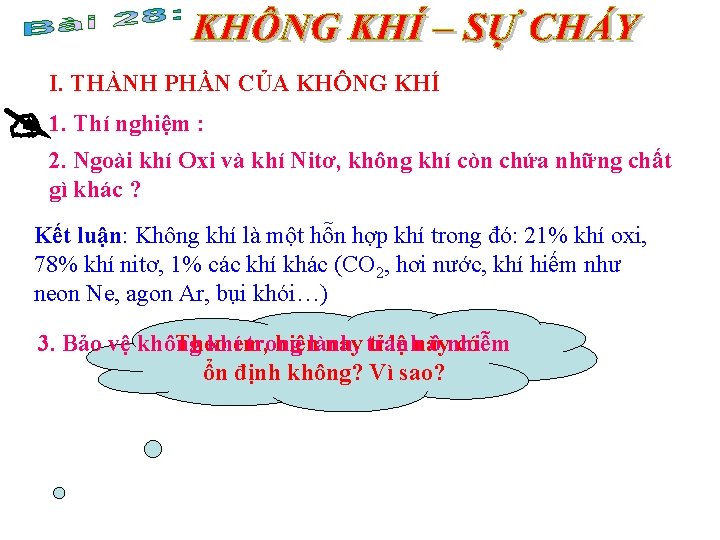 I. THÀNH PHẦN CỦA KHÔNG KHÍ 1. Thí nghiệm : 2. Ngoài khí Oxi