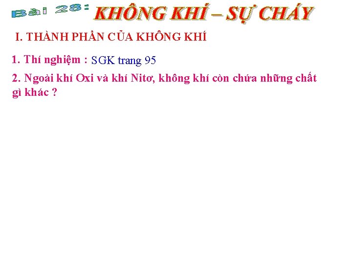 I. THÀNH PHẦN CỦA KHÔNG KHÍ 1. Thí nghiệm : SGK trang 95 2.