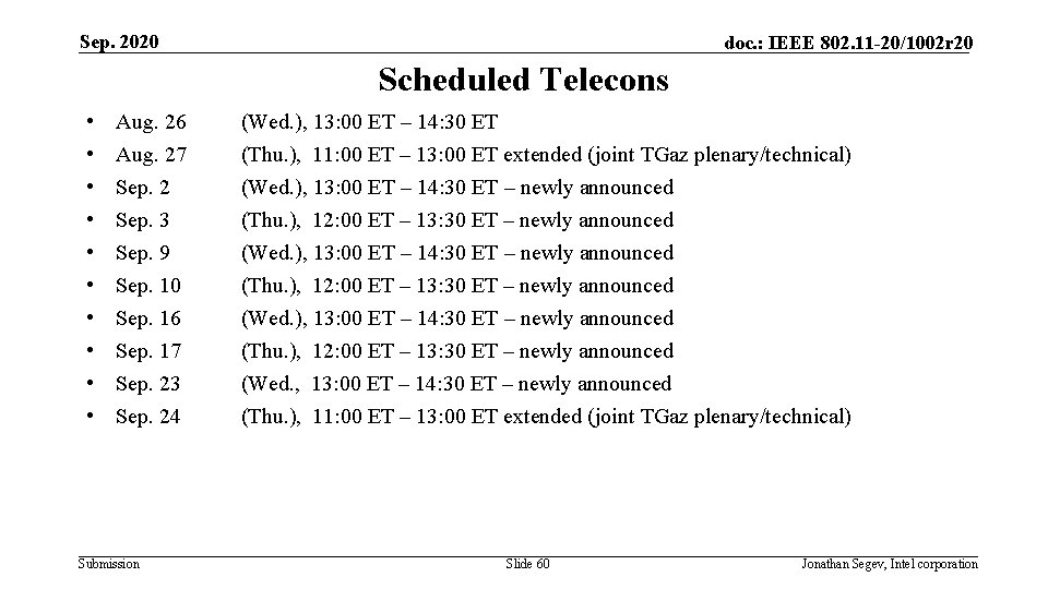 Sep. 2020 doc. : IEEE 802. 11 -20/1002 r 20 Scheduled Telecons • •