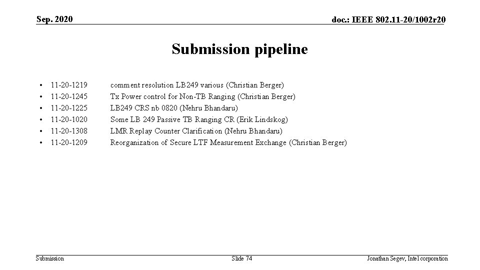 Sep. 2020 doc. : IEEE 802. 11 -20/1002 r 20 Submission pipeline • •