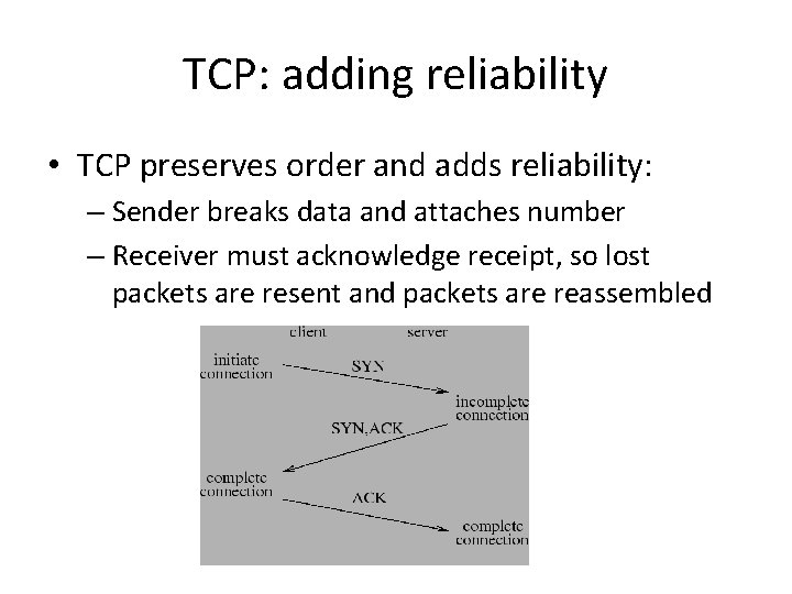 TCP: adding reliability • TCP preserves order and adds reliability: – Sender breaks data