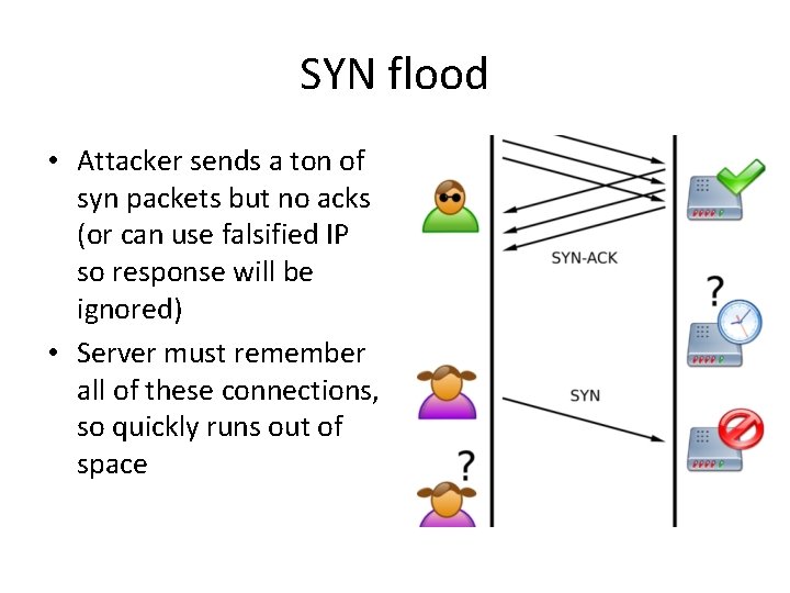 SYN flood • Attacker sends a ton of syn packets but no acks (or