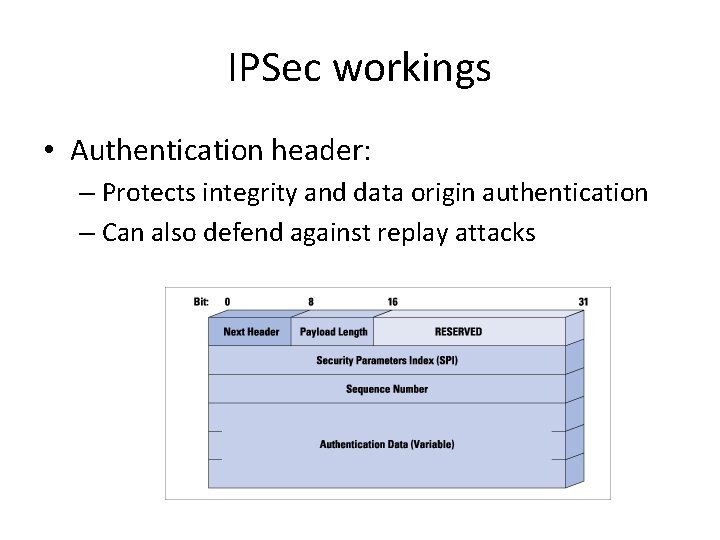 IPSec workings • Authentication header: – Protects integrity and data origin authentication – Can