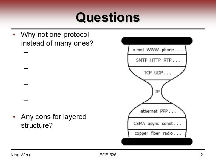 Questions • Why not one protocol instead of many ones? ─ different applications need