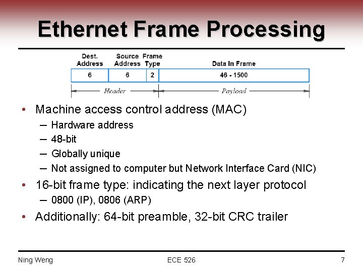 Ethernet Frame Processing • Machine access control address (MAC) ─ ─ Hardware address 48
