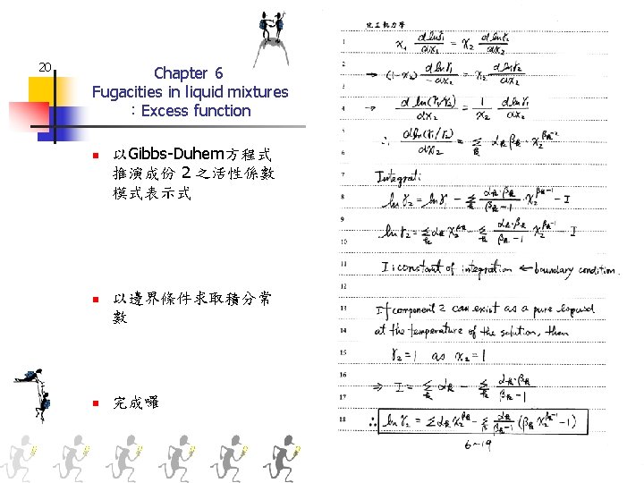 20 Chapter 6 Fugacities in liquid mixtures ：Excess function n 以Gibbs-Duhem方程式 推演成份 2 之活性係數