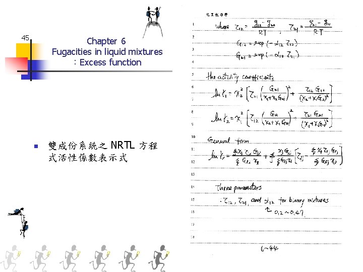 45 Chapter 6 Fugacities in liquid mixtures ：Excess function n 雙成份系統之 NRTL 方程 式活性係數表示式