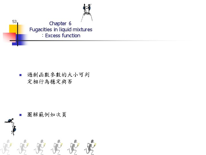 53 Chapter 6 Fugacities in liquid mixtures ：Excess function n 過剩函數參數的大小可判 定相行為穩定與否 n 圖解範例如次頁