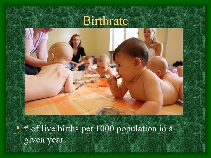 Birthrate • # of live births per 1000 population in a given year. 
