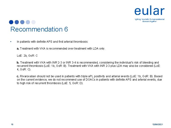 Recommendation 6 • In patients with definite APS and first arterial thrombosis: a. Treatment