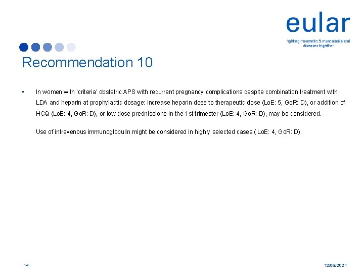 Recommendation 10 • In women with ‘criteria’ obstetric APS with recurrent pregnancy complications despite