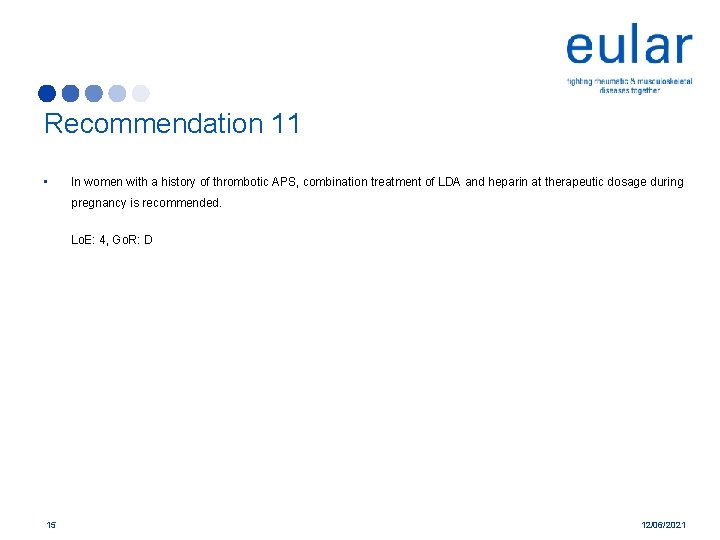 Recommendation 11 • In women with a history of thrombotic APS, combination treatment of