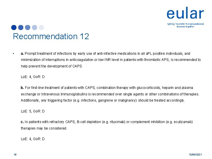 Recommendation 12 • a. Prompt treatment of infections by early use of anti-infective medications