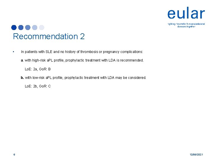 Recommendation 2 • In patients with SLE and no history of thrombosis or pregnancy