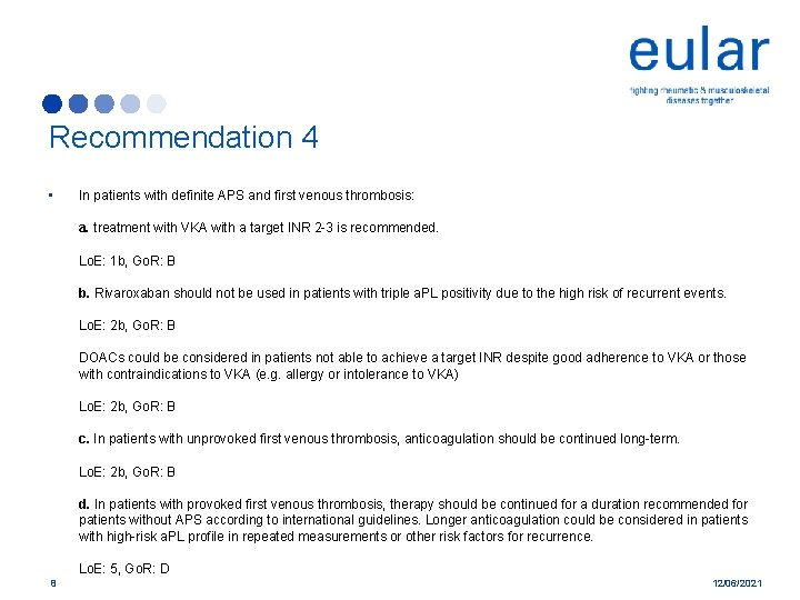 Recommendation 4 • In patients with definite APS and first venous thrombosis: a. treatment