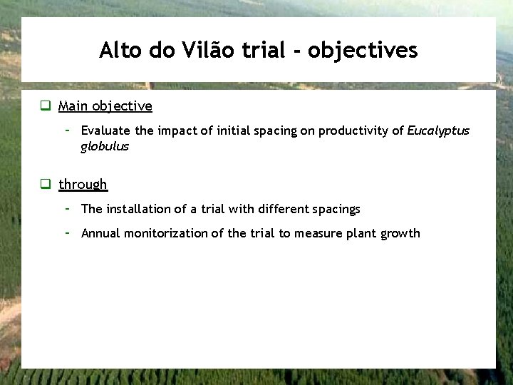 Alto do Vilão trial - objectives q Main objective – Evaluate the impact of