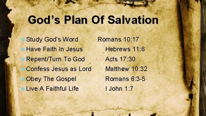 God’s Plan Of Salvation Study God’s Word Have Faith In Jesus Repent/Turn Confess Obey