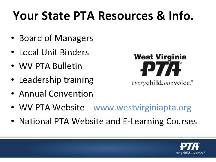 Your State PTA Resources & Info. • • Board of Managers Local Unit Binders